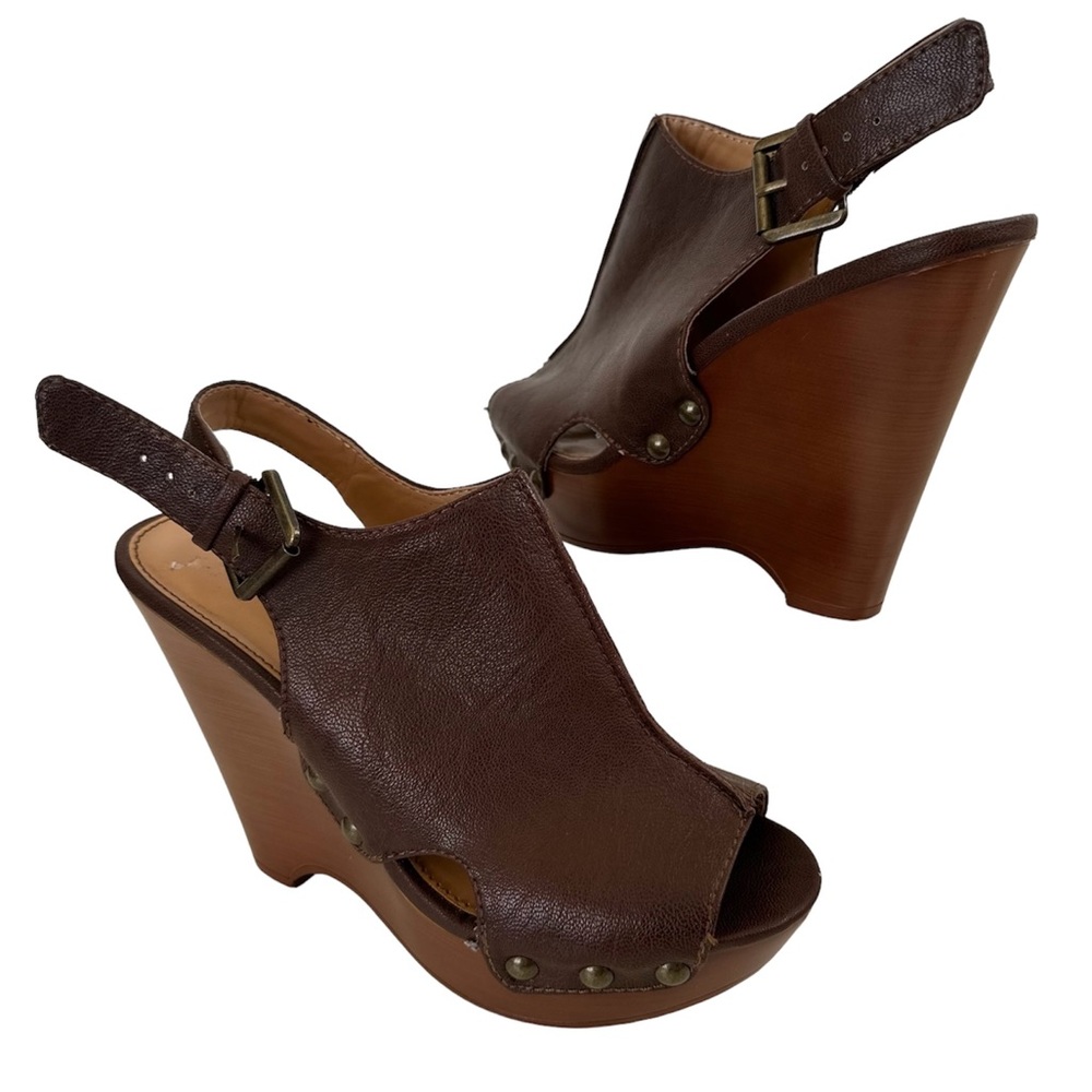 Nine West Boho Brown Faux Leather Platform Peep Toe Wedges Sandals Size 7